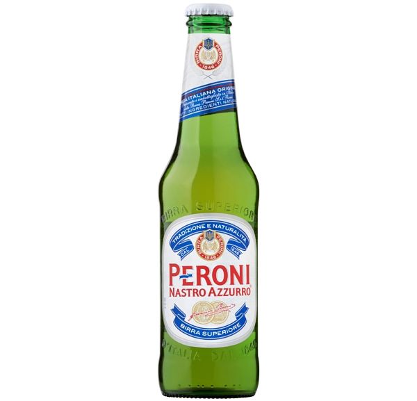 Botella de cerveza Peroni, cerveza de importación distribuida por Comercial Williams